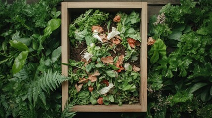 Compost bin filled with organic garden waste surrounded by lush green foliage and ferns in a natural setting.