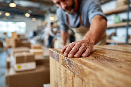 Craftsman working on wooden planks in workshop - Powered by Adobe