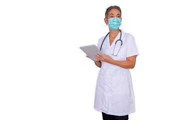 Medical professional woman doctor nurse wearing face mask using tablet on transparent background