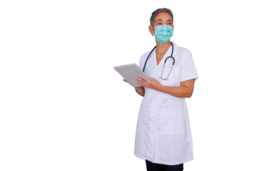 Medical professional woman doctor nurse wearing face mask using tablet on transparent background