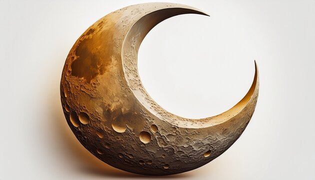 detailed crescent moon image showcasing its cratered brown surface against a stark white background the texture is rough and uneven