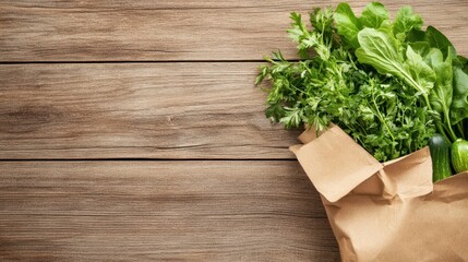Fresh green vegetables and herbs spill from a brown paper bag onto a rustic wooden table, conveying healthy urban farm produce.