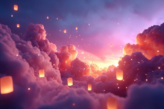 Dreamy sunset with floating lanterns in colorful clouds