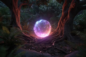 Mystical glowing orb in a dark forest