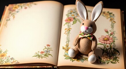 Easter bunny toy sitting in open vintage book with floral illustrations. Stuffed rabbit character for a spring holiday story. Nostalgic background with copy space