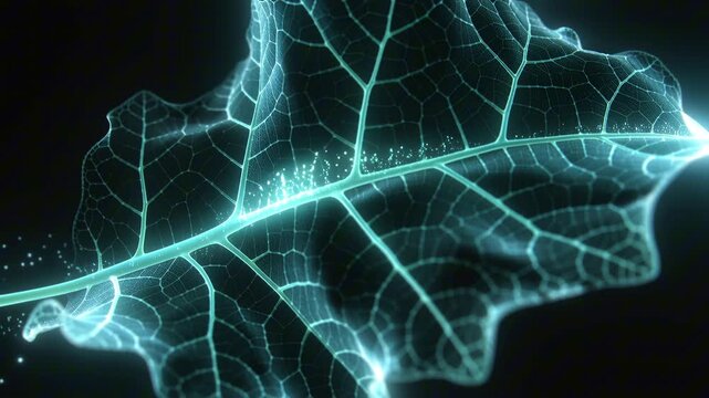 A glowing holographic leaf formed by luminous veins on a black background, soft cyan green light pulsing through its structure, tiny energy particles drifting along the mesh, clean futuristic eco tech