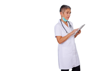 Senior healthcare professional on transparent background using digital tablet for medical consultation and patient care