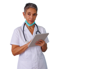 Mature doctor woman in lab coat using digital tablet, wearing stethoscope, medical mask, transparent background