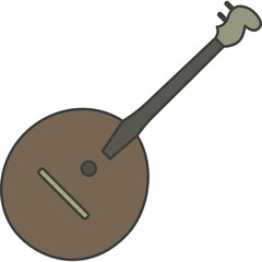 Simple cartoon illustration of a brown banjo with a gray neck and peghead on a transparent background, featuring a circular body and a single string visible
