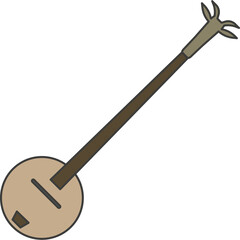 Simple Illustration of a Tan and Brown Stringed Musical Instrument with a Round Body and Long Neck on a White Background
