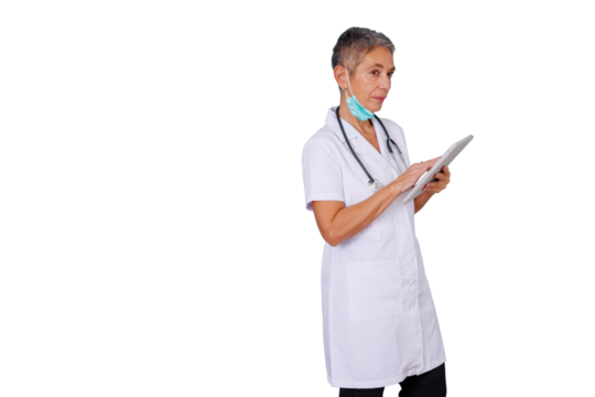 Senior healthcare professional on transparent background using digital tablet for medical consultation and patient care