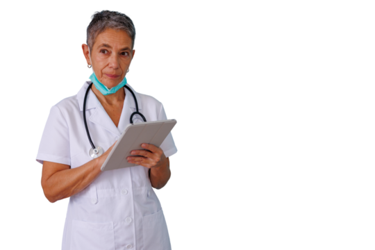 Mature doctor woman in lab coat using digital tablet, wearing stethoscope, medical mask, transparent background