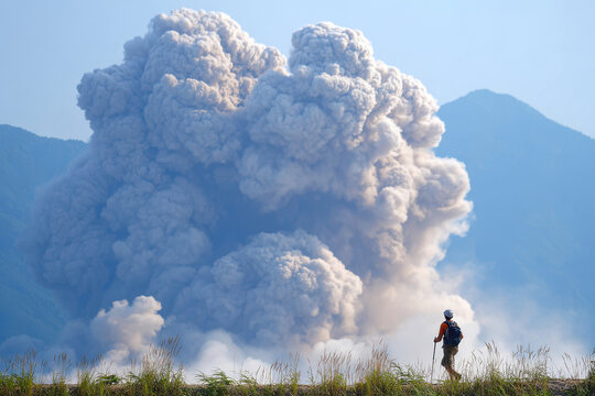 Hiker witnessing a volcanic eruption - Powered by Adobe