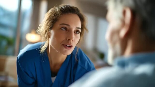 Smiling nurse helping elderly man get up from bed mid shot from behind nurse patient profile cropped at eyes gentle morning light compassionate care mobility help faceless - Powered by Adobe
