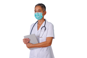 Senior female doctor wearing protective medical mask and uniform, holding a digital tablet, providing healthcare services