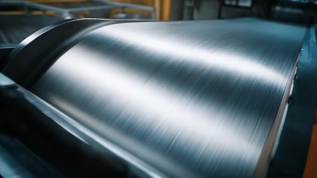 Closeup medium shot of thin zinc sheet rolling showcasing smooth metal texture as it glides through precision rollers.