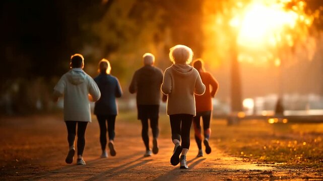 Active mature group running at park at sunset rear tracking shot silhouettes against sun senior fitness group exercise faceless no visible faces golden hour with copy space