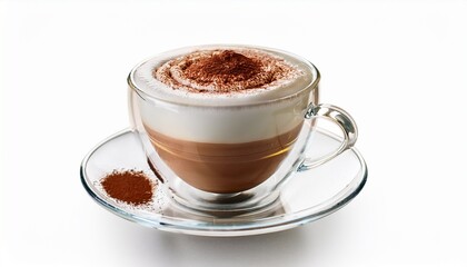a transparent cup filled with frothy cappuccino topped with sprinkled cocoa aromatic coffee drink presentation isolated on white background