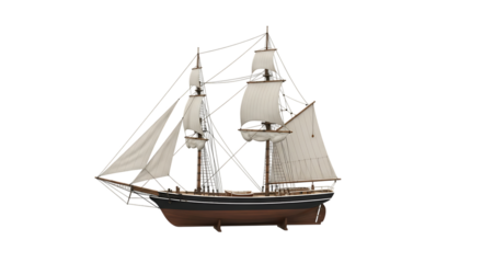 Detailed model of a classic sailing ship, with white sails and dark hull, isolated on a white or transparent background, cutout, PNG