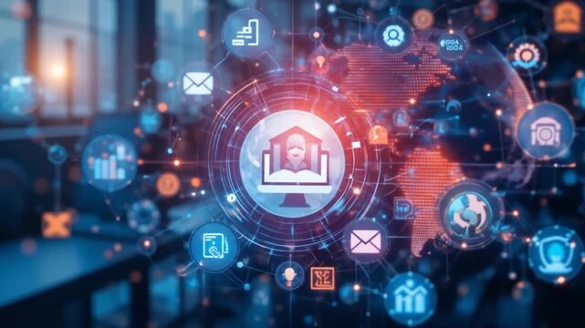 Concept of e-learning and online educational technology. digital interface with icons related to online education, symbolizing elearning, global connectivity, virtual classroom. 4k video