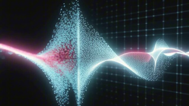 Holographic brainwave line oscillating smoothly on a dark grid, cyan and magenta particles flowing along the waveform, futuristic neuroscience and meditation technology aesthetic for modern visuals.
