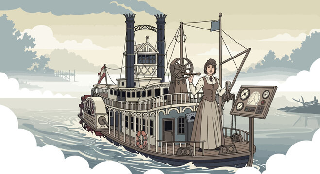 Vintage riverboat adventure with a female navigator steering through misty waters