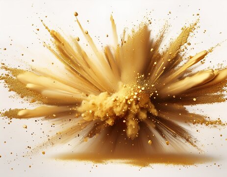 a burst of golden powder explodes against a stark white background scattering fine particles in a dynamic irregular pattern - Powered by Adobe