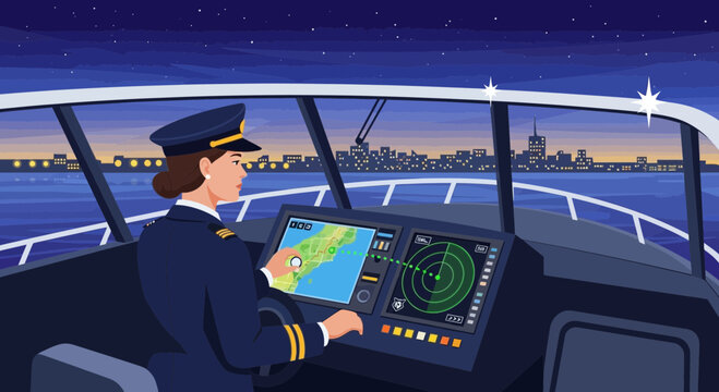 Female captain navigates boat at night using advanced digital interface technology