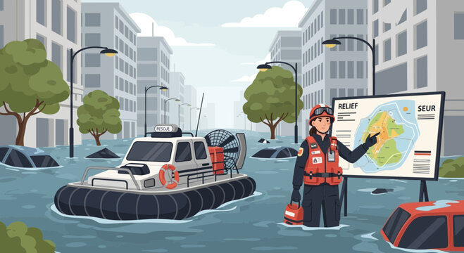 Flood disaster response team navigating flooded city with relief coordination