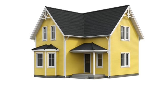 Bright yellow two story house, with white trim and dark roof, isolated on a white or transparent background, cutout, PNG
