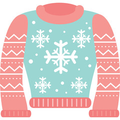 Teal and pink Christmas sweater with white snowflakes and geometric patterns on sleeves and collar