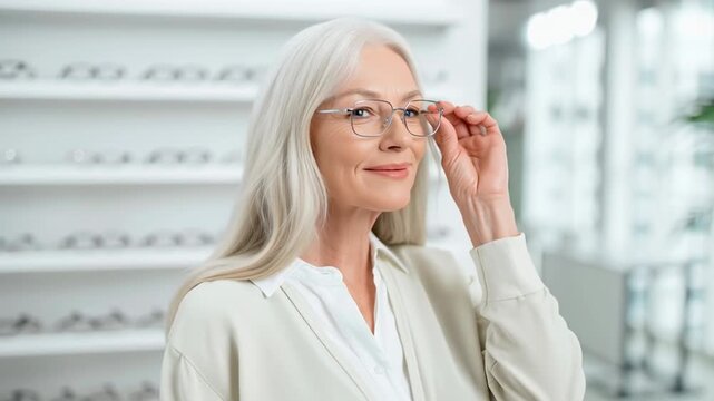 Elegant senior woman with silver hair trying on new eyeglasses. Smiling customer choosing frames in a modern optical store. Vision care and stylish eyewear concept