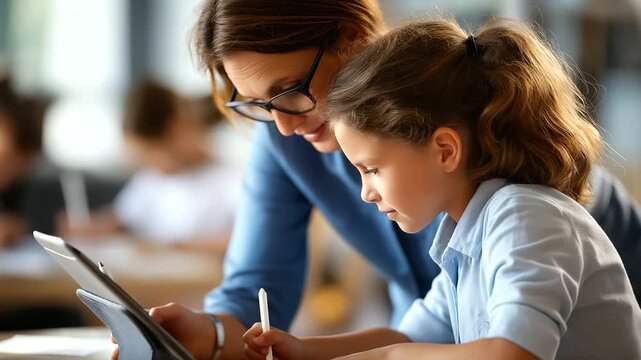 Elementary teacher assisting student with tablet over shoulder view of screen stylus gentle classroom light digital learning faceless no visible faces one on one help with