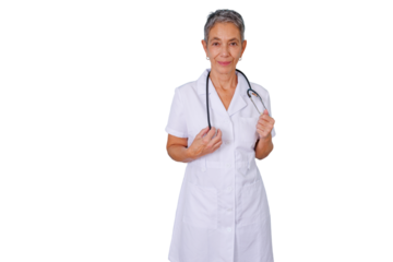 Senior female doctor holding stethoscope, wearing white coat and smiling at camera, transparent background