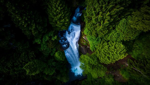 Spectacular aerial view of a waterfall surrounded by lush green trees