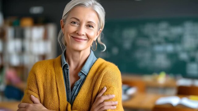 Confident mature teacher portrait in secondary classroom crossed arms head angled away chalkboard bokeh educator confidence faceless no visible faces teaching with copy spa