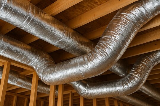 Insulated hvac ducts installed within wooden framework of a building interior during construction process. concept of efficient ventilation, energy saving, modern infrastructure