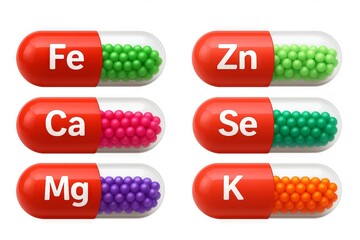 Colorful capsules with element symbols magnesium, calcium, iron, zinc, selenium, potassium for nutritional supplements. concept of vitamins, health benefits, dietary essentials