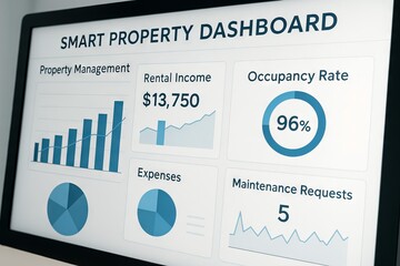 Smart property dashboard featuring rental income, occupancy rate, and management data for efficient real estate management