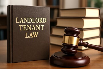 Landlord tenant law essentials with gavel and books in simple legal composition. concept of justice, legal reference, property management, real estate law understanding
