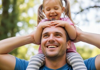 Man giving a cute smiling kid a piggyback ride on his shoulders outdoors, father daughter bonding concept.