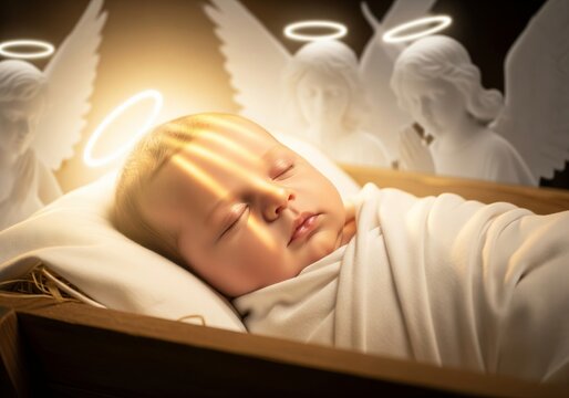 Baby sleeping in a manger surrounded by angels. Nativity scene for Christmas celebration. Holy birth and spiritual peace concept.