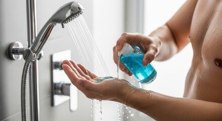 Man pouring blue shower gel from bottle into his hand under running water from a shower head. Personal hygiene routine and refreshing cleansing concept.