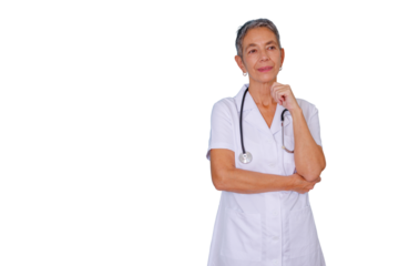 Senior female doctor thinking, planning healthcare strategy for patient well-being, transparent background