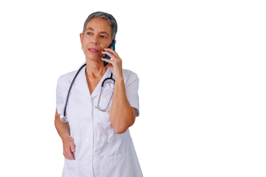Senior female doctor having a telemedicine consultation using a mobile phone, offering medical guidance, on transparent background