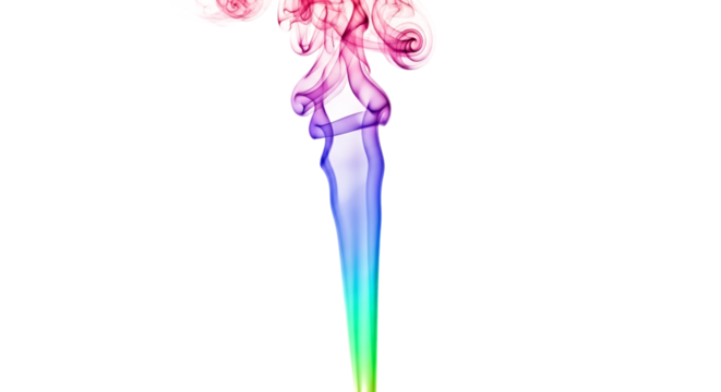 Wisps of colorful smoke, in swirling patterns transitioning from pink to blue and green, isolated on a white or transparent background, cutout, PNG