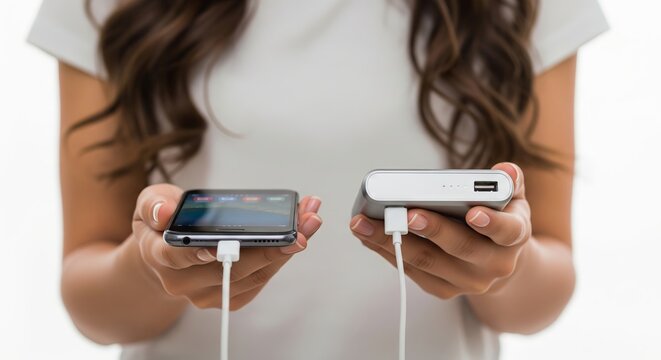 Woman charging smartphone with a portable power bank, demonstrating convenience and necessity of mobile energy solutions for electronic device.