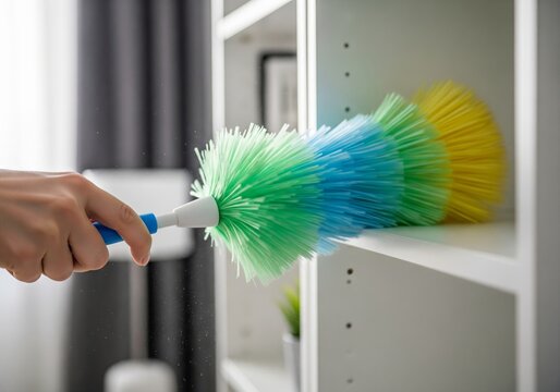 Woman hand cleaning bookshelf with colorful duster. Housework and spring-cleaning concept, for tidiness and home maintenance product.