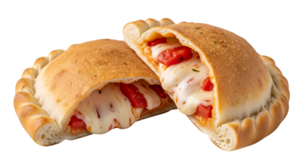 Two halves of a golden brown calzone, stuffed with melted mozzarella cheese and diced tomatoes, isolated on a white or transparent background, cutout, PNG