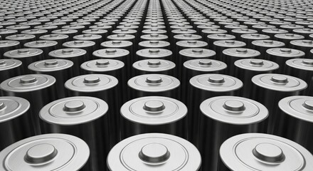 Fototapeta premium Rows of cylindrical batteries arranged in grid. Concept of energy storage, power supply, and electric revolution for technological solutions.